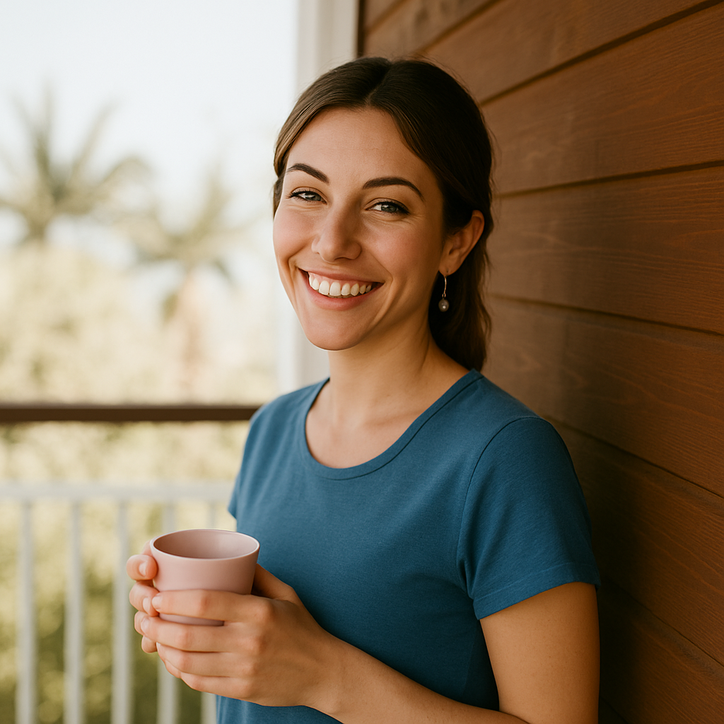 Woman standing on a balcony holding a cup of tea or coffee with a blurred nature background. The house is made from wood. The woman has a relaxed, peaceful smile.